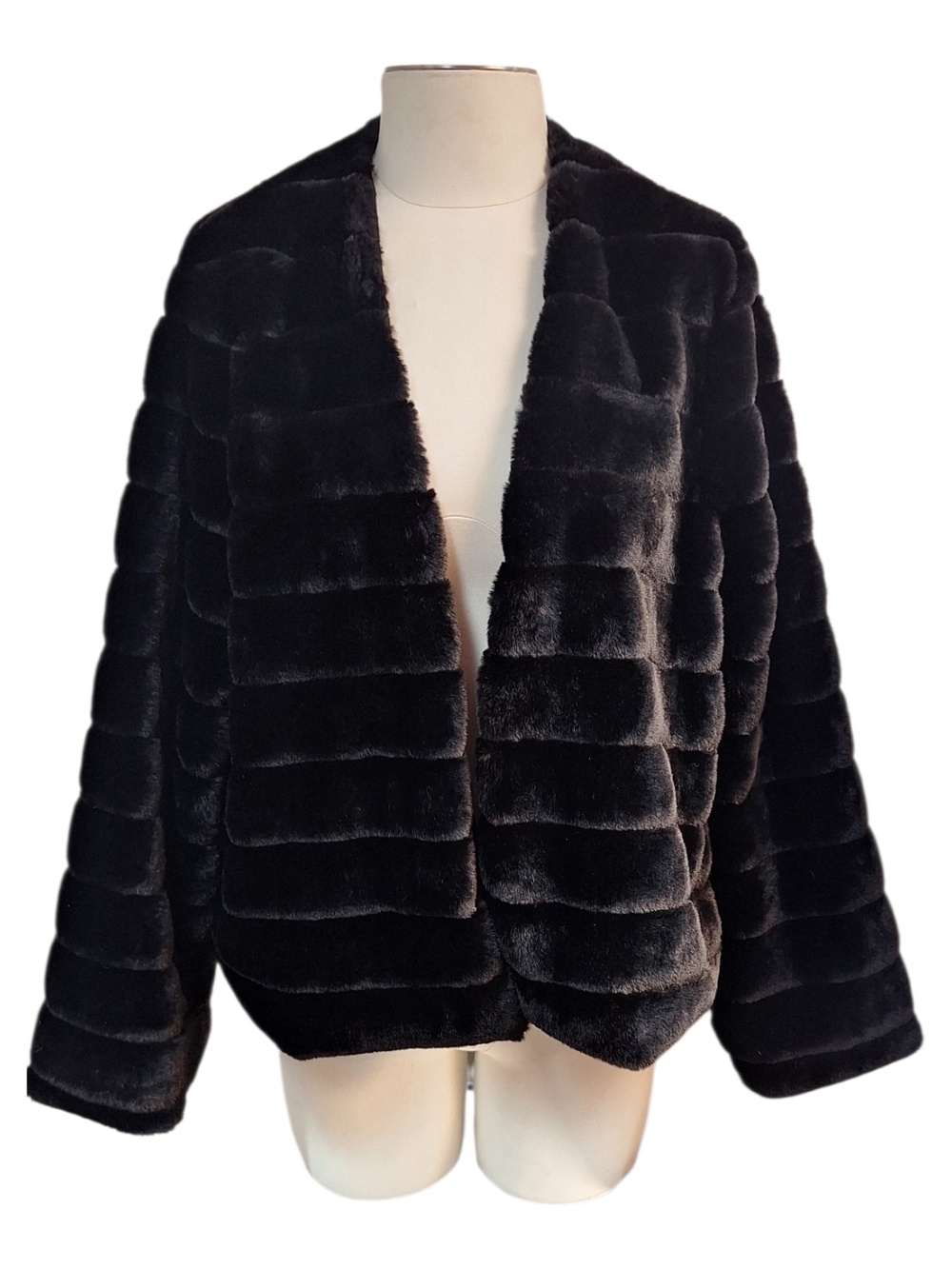 Black Mobwife, Tiered,  Faux Fur, Open-Front Jacket - Unbranded
